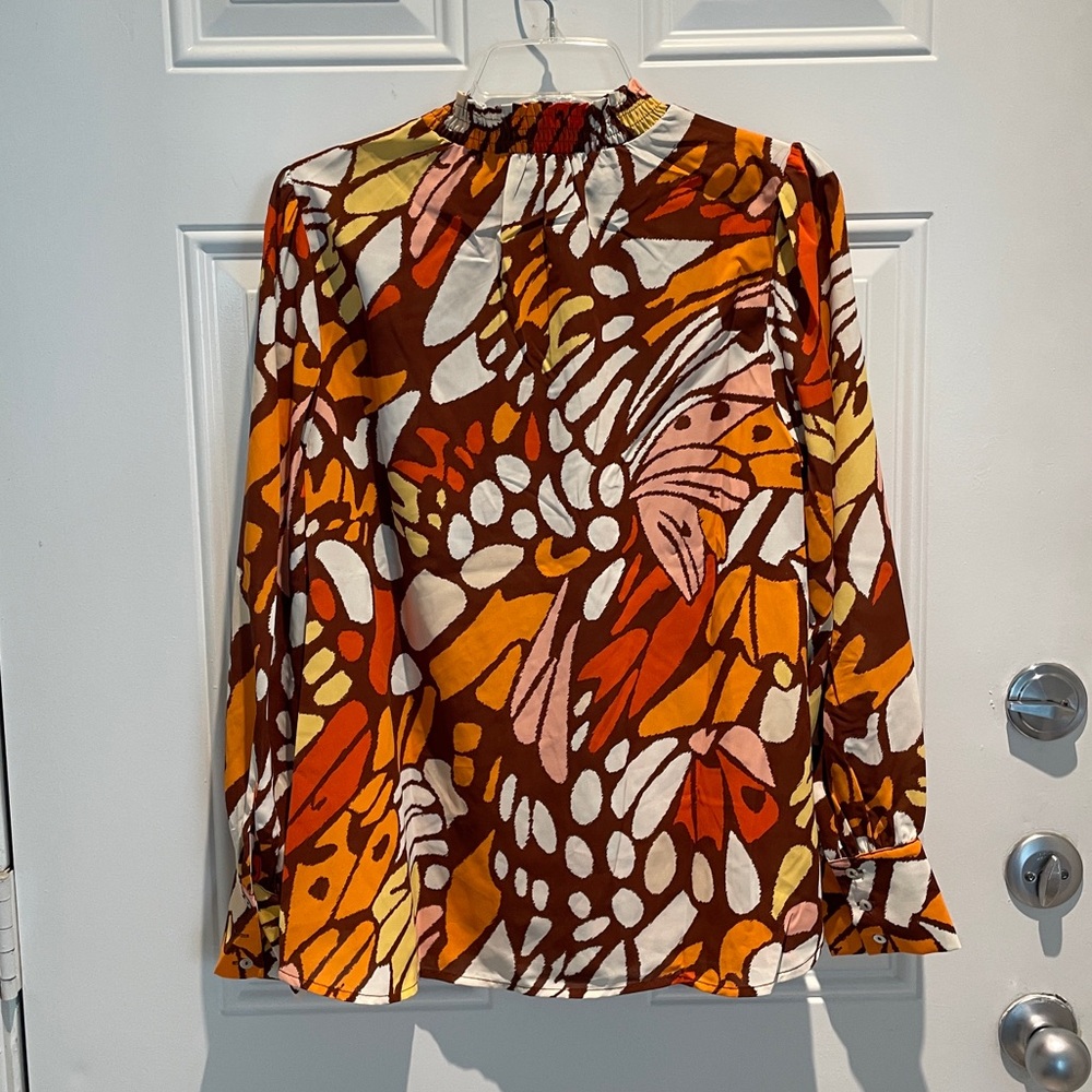JODIFL Butterfly Brown Orange Colorful High Neck Long Sleeve Blouse Size Medium - Picture 8 of 10